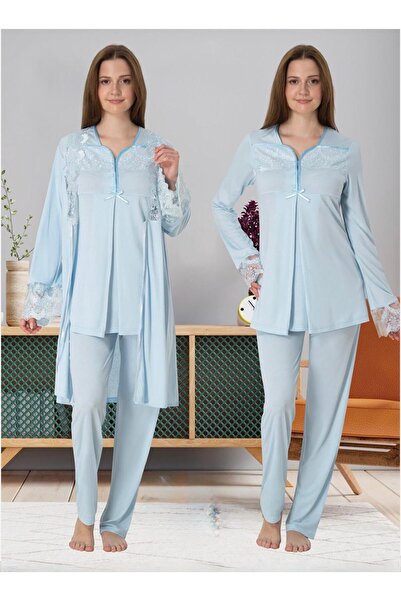 Lohusa Homewear طقم بيجامة نسائي بتصميم أزرق من الدانتيل للحوامل مكون من 3 قطع