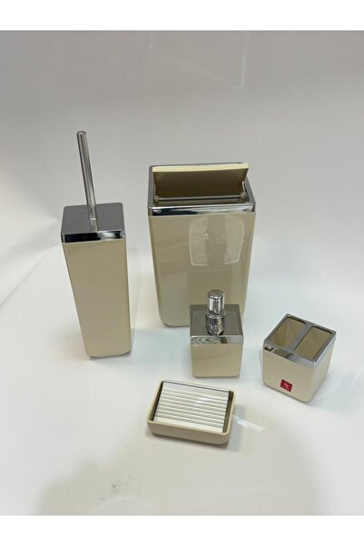 Living طقم حمام مربع مكون من 5 قطع باللون البيج والفضي