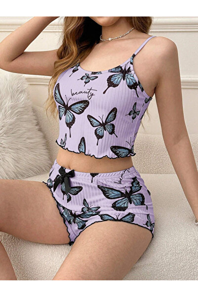 PERLMUTT Purple Color Butterfly Pattern Shorts Homewear Set,Women's Summer Suspender Pajamas, Comfortable and Stylish Home Wear