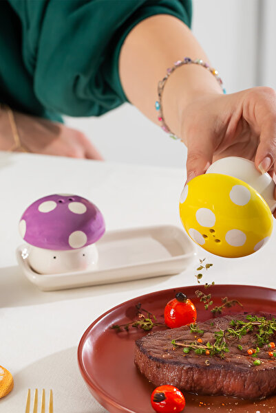 Porsima Mıo-037 Mushroom Motif Salt and Pepper Shaker Set with 2 Stands