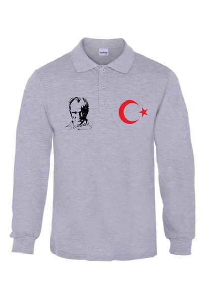 Teknik Ataturk-Ay Yıldız Printed Polo Collar Two-Thread Fleece-Lined Sweatshirt