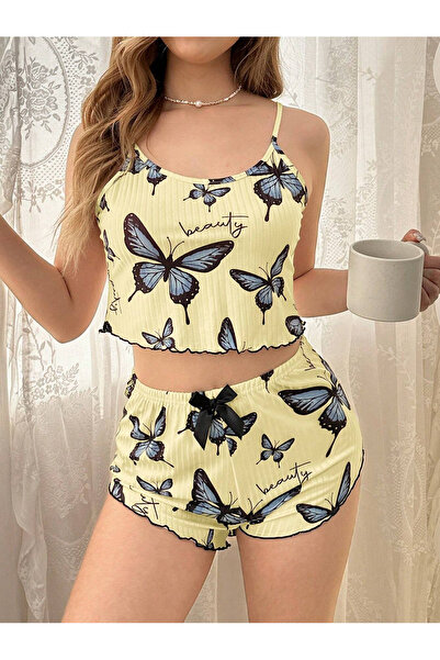 PERLMUTT Women's Yellow Butterfly Patterned Ribbed Pajama Set with Strap Shorts,Comfortable and Stylish Home Wear,Women's Sleepwear