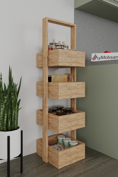 AYMOBSAN Multi 4 Katlı Mutfak Sepeti, Çok Amaçlı Mutfak Rafı, 4 Raflı, Atlantik Çam, 120 Cm