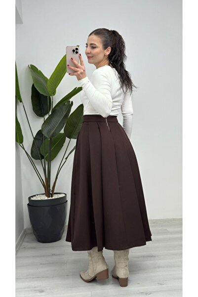 TUNAM BUTİK 8942 Flared Pleated Midi Skirt with Pockets Brown