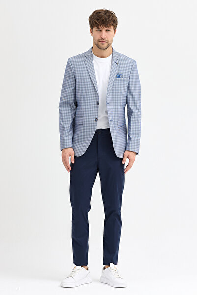 Frappoli Zabadeo Men's Navy Blue Patterned Polyviscose Fabric Slim Fit Sports Blazer Jacket