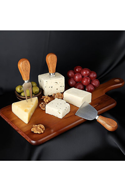 welcomein Natural Wooden Cheese Serving Board Acacia Square Walnut Color 3 Knives Gift
