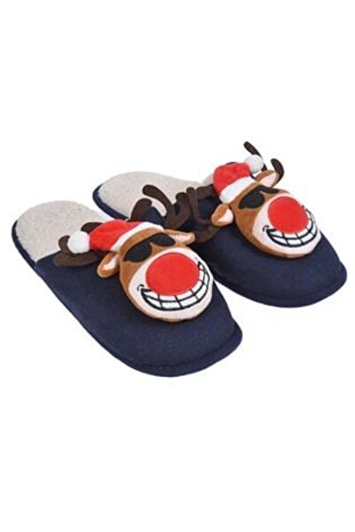 OEM Blue Winter House Slippers with 3D Reindeer & Fur Lining