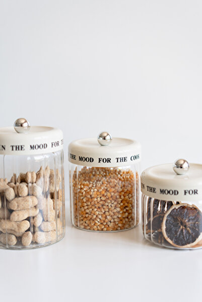 Dekorzdükkan Set of 3 Cream Vacuum Lid Motto Glass Jars (850Ml+1100Ml+1400Ml)