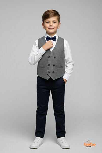 Trend Bebe Butik Erkek Çocuk 4'lü Smokin Takım, Gömlek Papyon ve Yelekli Şık Kombin, Davet & Özel Gün Lacivert
