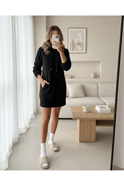 Genel Markalar Kadın Uzun Kollu Kapşonlu Cepli Mini Peluş Elbise