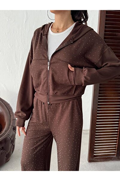 cemo Stone Embroidered Hooded Zippered Pipe Leg Women's Tracksuit Set