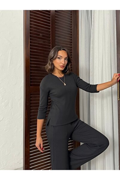 peralist Women's Soft Ribbed Knit Fabric Bottom Top Set