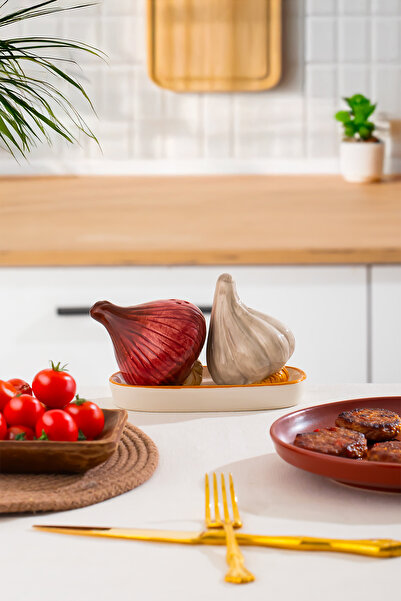 Porsima Mıo-036 Onion Garlic Motif Salt and Pepper Shaker Set with 2 Stands