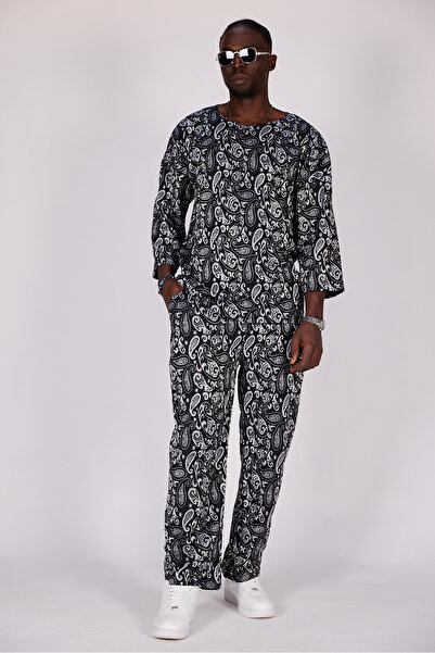 Superbluemexico Set de pantaloni largi unisex cu model jacquard supradimensionat Fakir Sleeve tricou