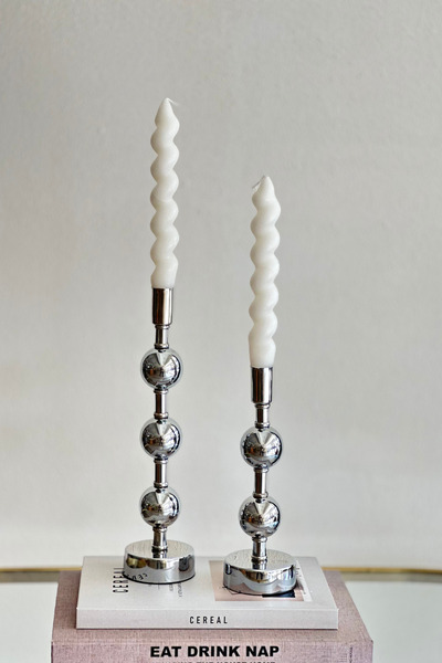 Shura Homeware 2 'li SİMA Gümüş Metal Top Detaylı Şamdan Metal Mumluk