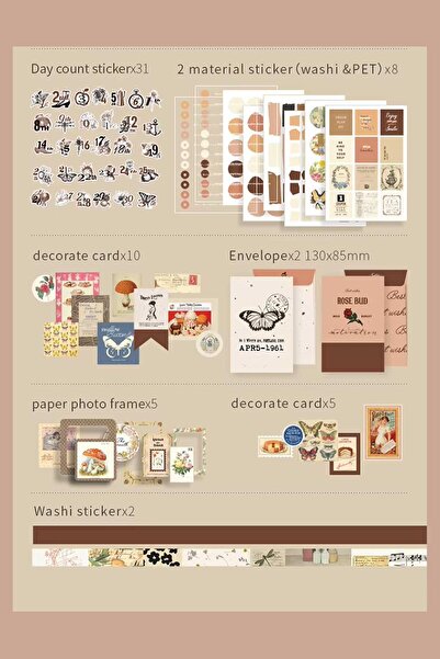 Buka Shops 155 Parça Mega Vintage Journal Seti ve Scrapbook Seti - Retro Defter, Sticker, Washi Bant, Memo Pad