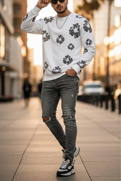 Oksit Karly Two Thread Floral Printed Crew Neck Slim Fit Unisex Sweatshirt