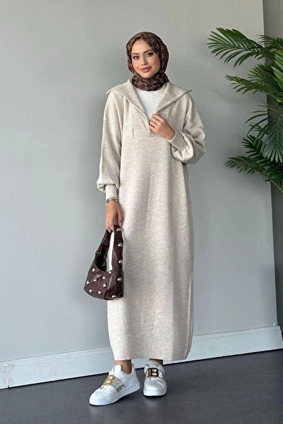 Flavus Puella فستان تريكو ميدي بأكمام بالون وياقة قماش مجدّل للنساء