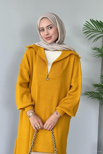 Flavus Puella Kadın Fermuarlı Fitilli Yaka Balon Kol Midi Triko Elbise