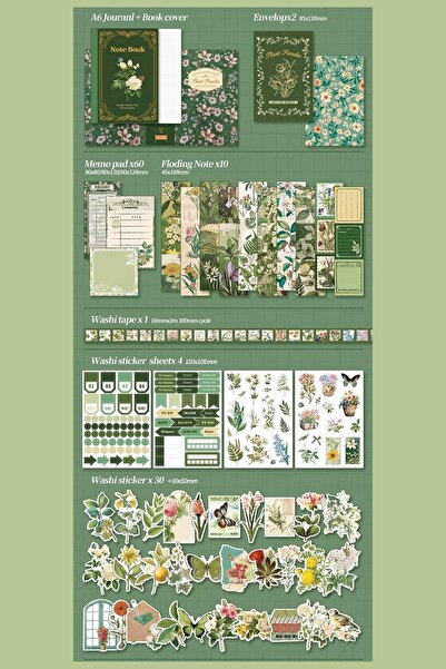 Buka Shops 180 Parça Mega Botanik Journal Seti ve Scrapbook Seti - "Plant Paradise" Serisi Defter, Sticker, Was
