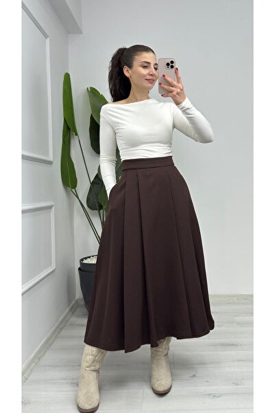 TUNAM BUTİK 8942 Flared Pleated Midi Skirt with Pockets Brown