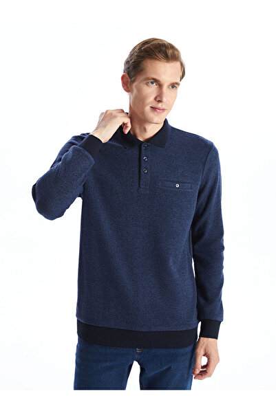 LC Waikiki Navy Blue Polo Collar Long Sleeve Men's Sweatshirt