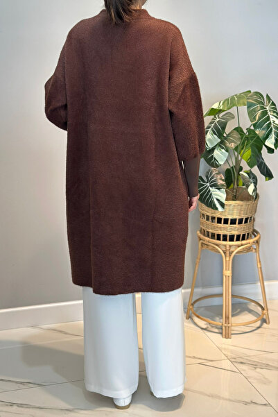 Lale Butik Long Button Detail Angora Cardigan 25129 Brown