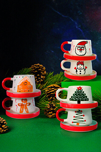 touchmughm New Year's 6-Piece Set Special Embossed Hand-Painted Ceramic Plate and Mug Set, Double, Coffee Cup, Mug