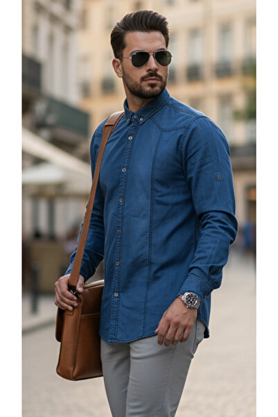 modacix Cămașă de denim pentru bărbați albastră - fără buzunare