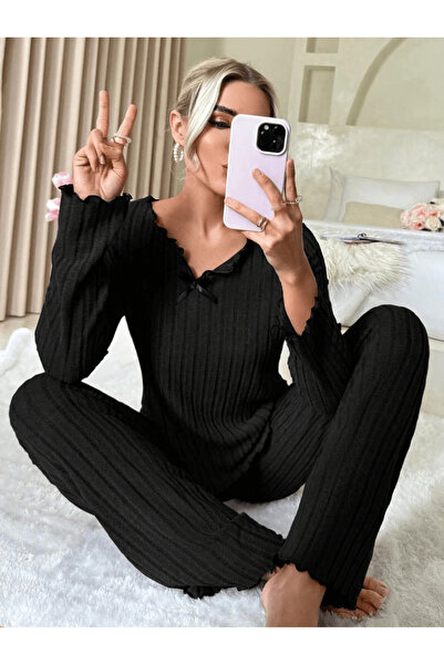 Biraltı Moda Set de pijamale pentru femei din bumbac cu mâneci lungi și detaliu cu fundă