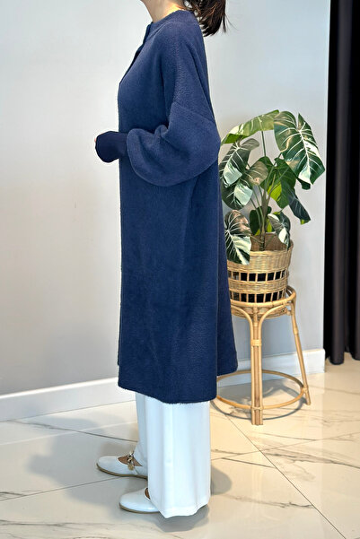 Lale Butik Long Button Detail Angora Cardigan 25129 Navy Blue