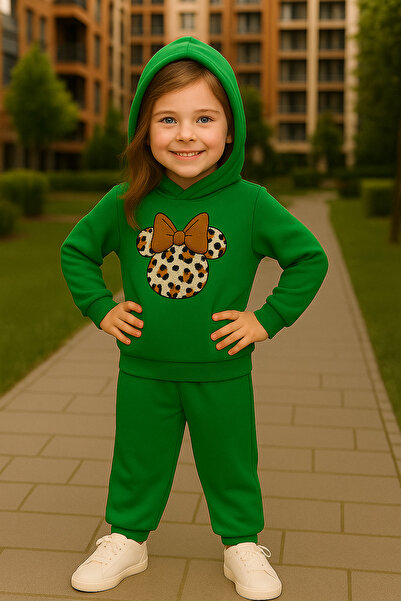 minikiss Hooded 3 Thread Ş Fleece-Lined 100% Cotton Girl Children's Bottom Top Set