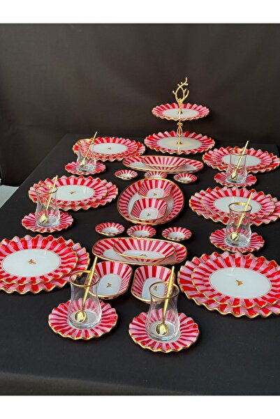 Hediye Köşkü 6 Kişilik Lüks Cam Kelebekli 46 parça Full Kahvaltı ve Çay Seti