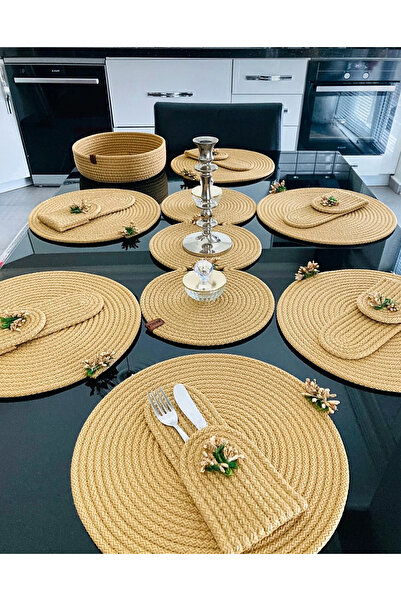 ESSENSE HOME & LİVİNG Round Hand-Woven American Tablecloth Runner Napkin Holder Table Set Handmade Table Set
