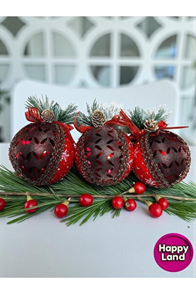 Happyland Christmas Tree Ornament Luxurious Patterned Plaid Red Christmas Ball Bulk 3 Pieces 8 cm Hpy26054