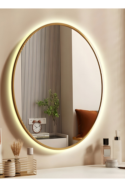 Taimi مرآة بتصميم أنيق 60×40 سم - بإطار معدني ذهبي وإضاءة خلفية ثلاثية المستو...