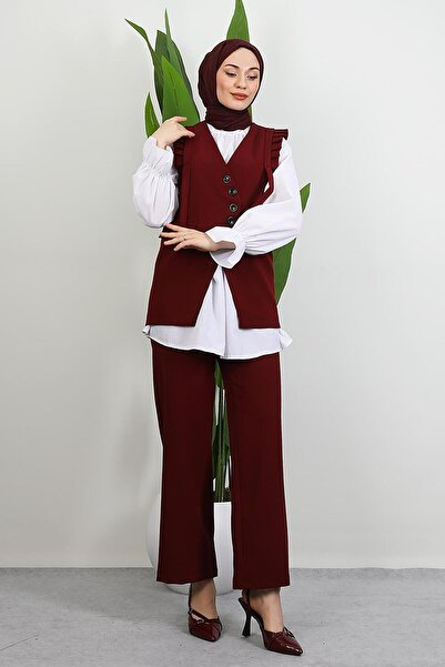 GİYZAMİLA Devin Ruffle Detail Suit Burgundy