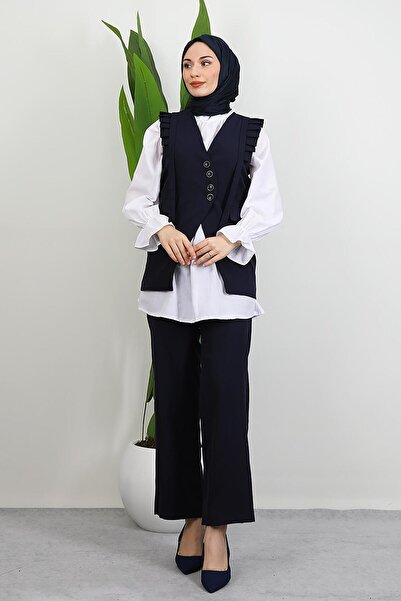 GİYZAMİLA Devin Ruffle Detail Suit Navy Blue