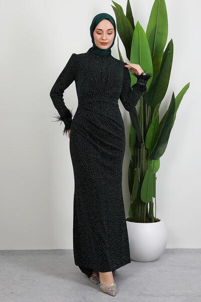 GİYZAMİLA Draped Feather Dress Emerald