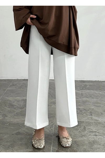 Nur Okur Sage Bol Paça Puf Beyaz Scuba Pantolon