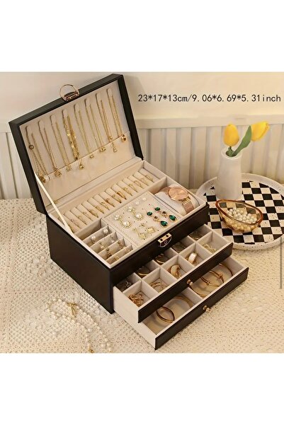 İthal Чорний зовнішній шкіряний внутрішній оксамитовий замок 3-х ярусний органайзер для ювелірних прикрас