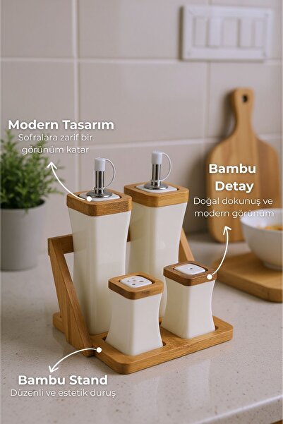 Bambum Shaggy Bamboo Stand Oil and Vinegar Cruet Set with Salt and Pepper Shakers