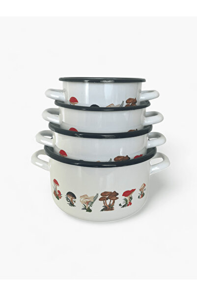 Emailul Medias Set of enameled saucepans without lid, mushroom decoration