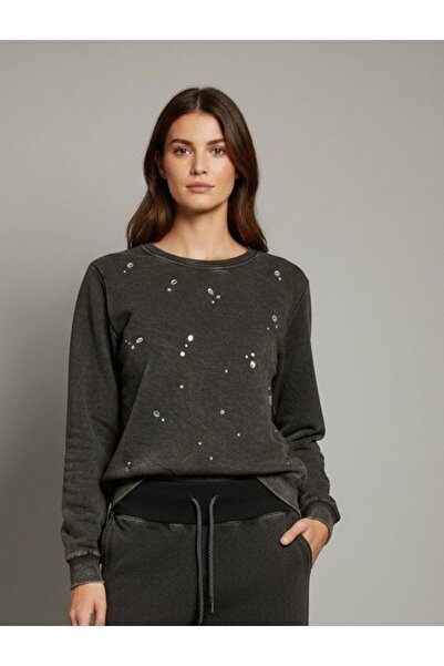 The Women's Stone Detailed 95% Cotton 5% Elastane Regular Fit Batik Black Sweatshirt – Crew Neck