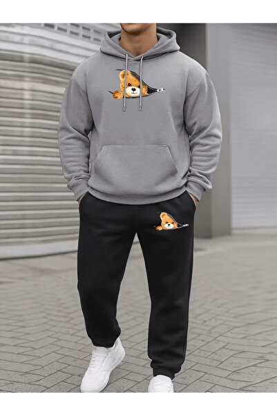 ORVIO Group Men's Zipper Detailed Teddy Bear Printed Tracksuit Set