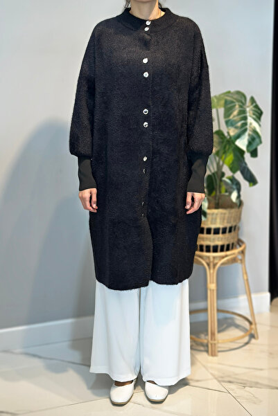 Lale Butik Long Button Detail Angora Cardigan 25129 Black