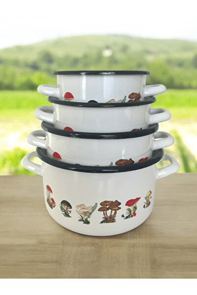 Emailul Medias Set of enameled saucepans without lid, mushroom decoration