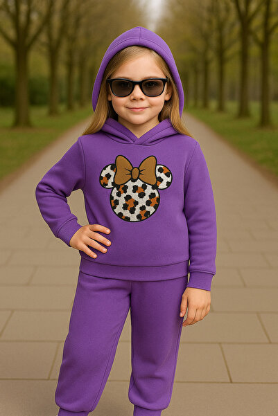 minikiss Hooded 3 Thread Ş Fleece-Lined 100% Cotton Girl Children's Bottom Top Set