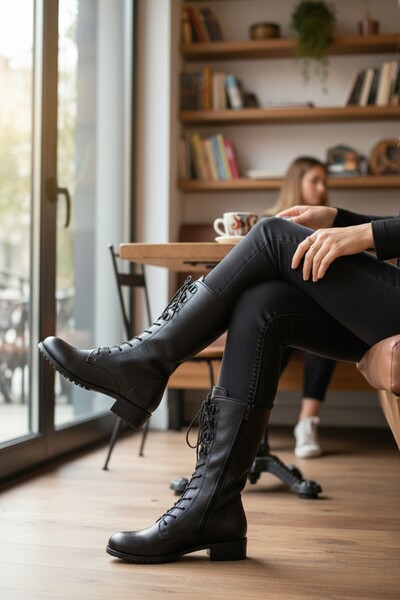 VeliKundura Voyager Genuine Leather Black Zipper & Lace-Up Women's Half Boots Vk_0006