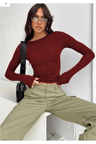 LEYLA SAĞLAM Women's Burgundy Crew Neck Long Sleeve Bodysuit